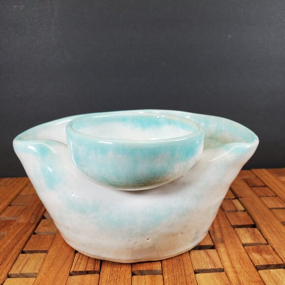 Handmade Studio Pottery Chip & Dip Bowl — Aqua Blue Glaze, Artisan Serveware - Picture 5 of 10